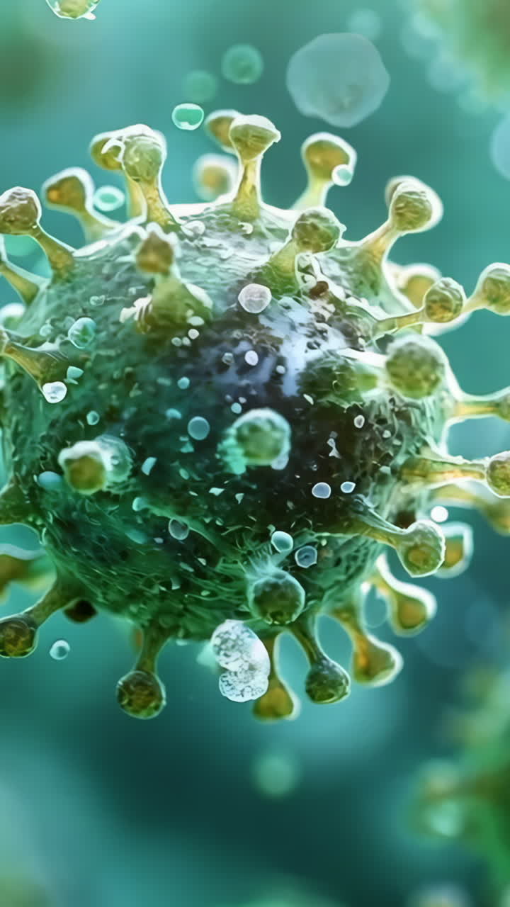 A close up of a green virus with a lot of bubbles surrounding it. The bubbles are in different sizes and are scattered all over the image