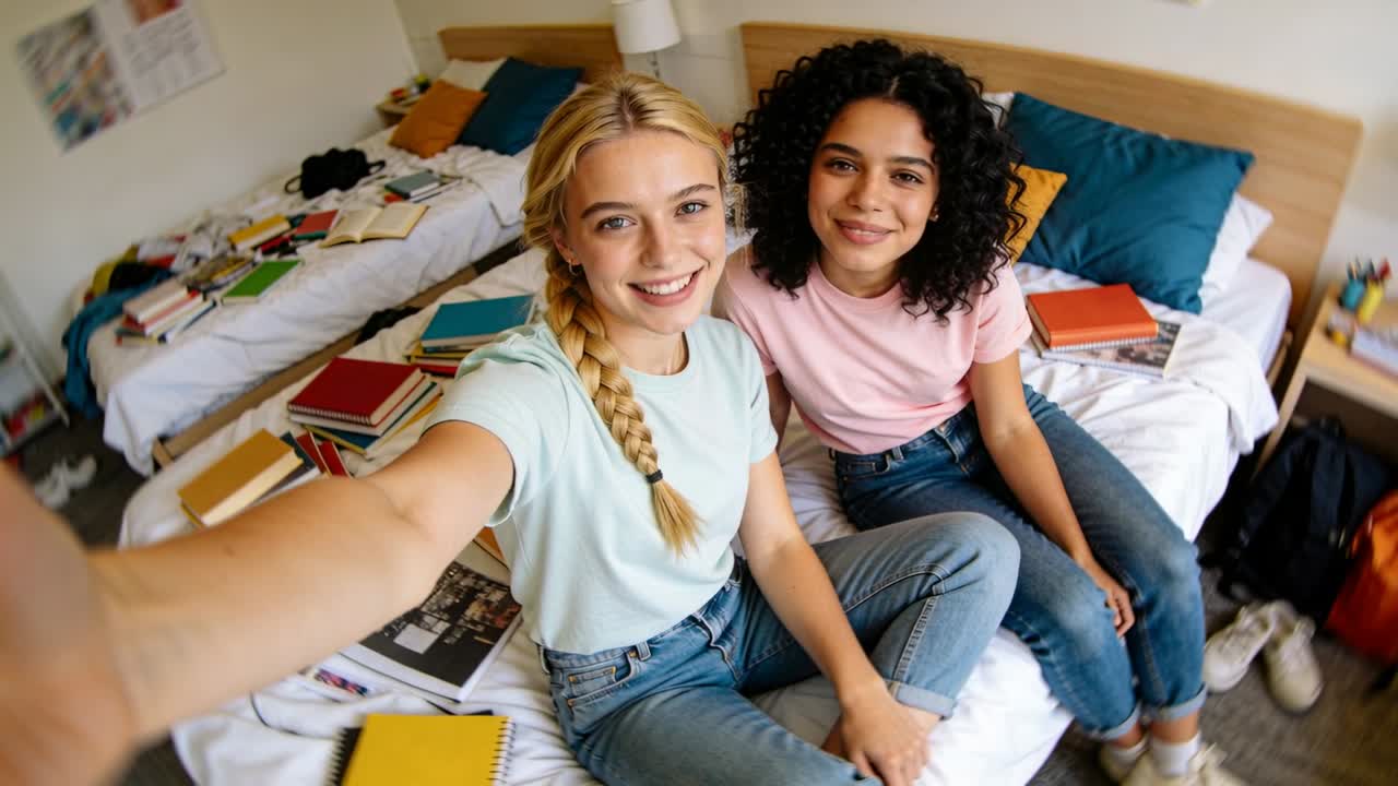 Extending arm, friends taking selfie on bed at break, wearing tees holding phone with notebooks