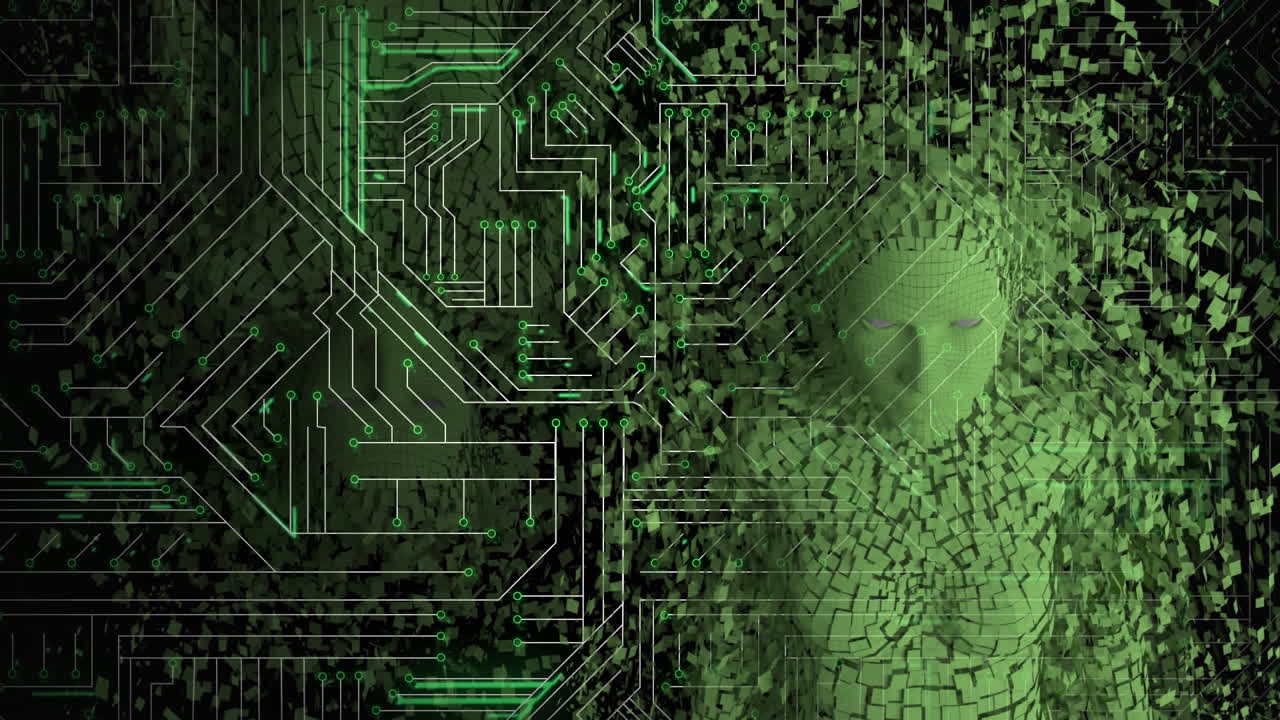 forma de androide femenina que emerge de la placa de circuito de computadora brillante