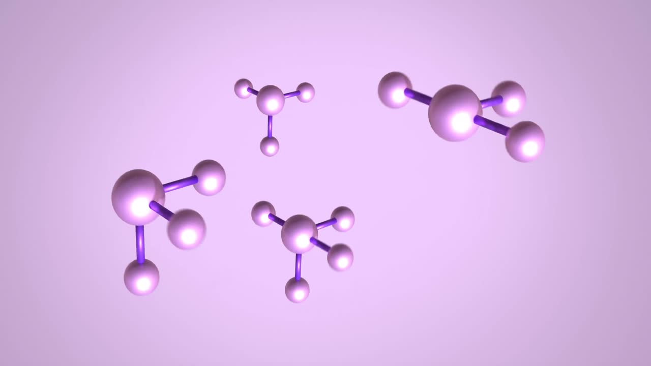 보라색 배경에 있는 분자의 매크로의 애니메이션