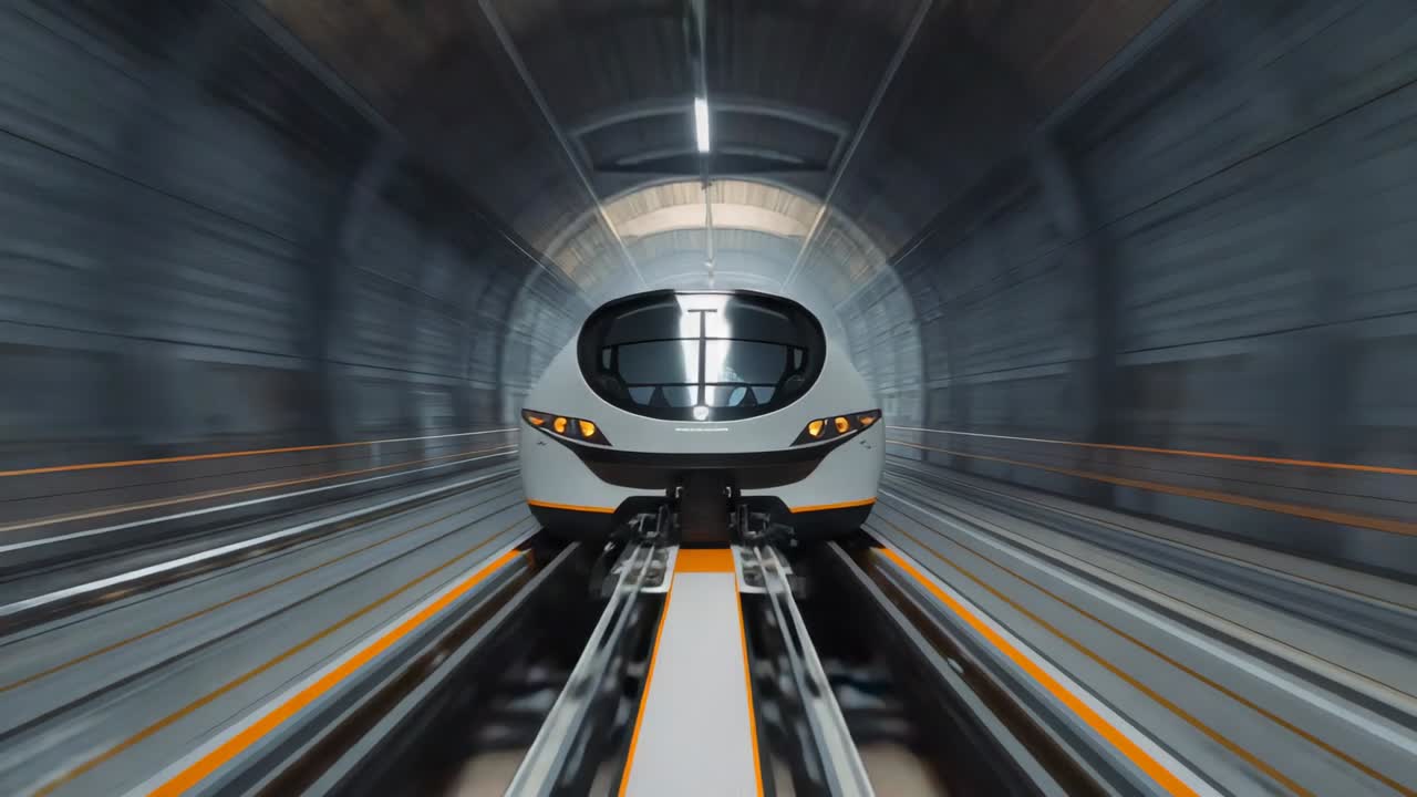 Exit light revealing futuristic train moving toward camera in round tunnel, with dual steel rails
