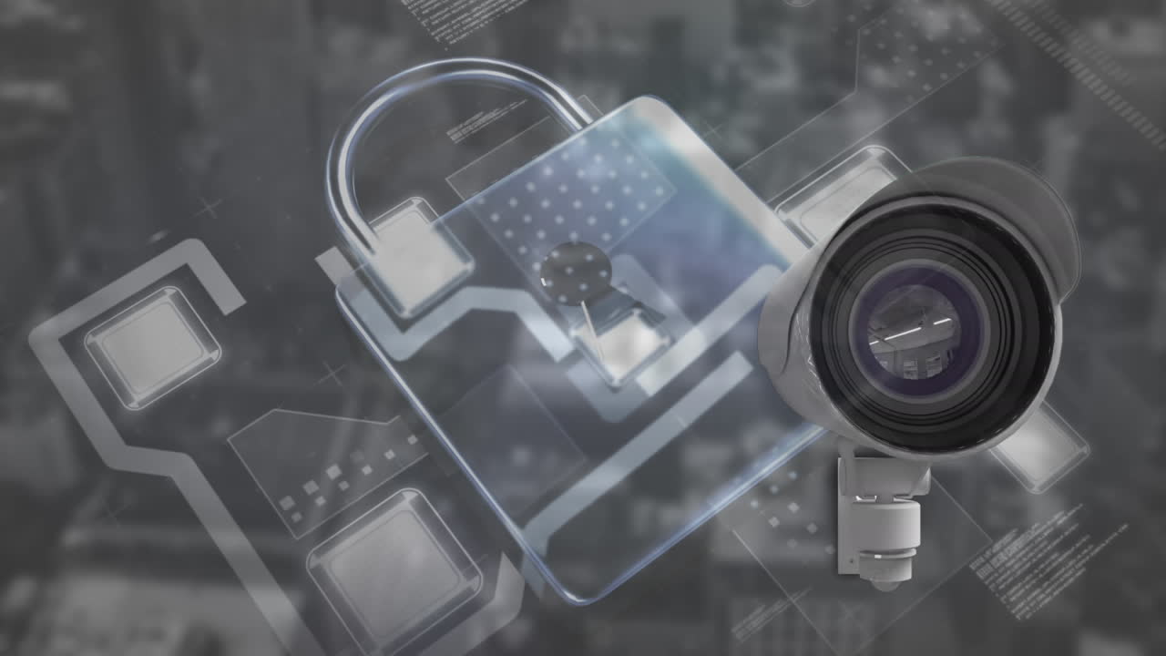 Animation of online security padlock and camera recording over cityscape in the background.