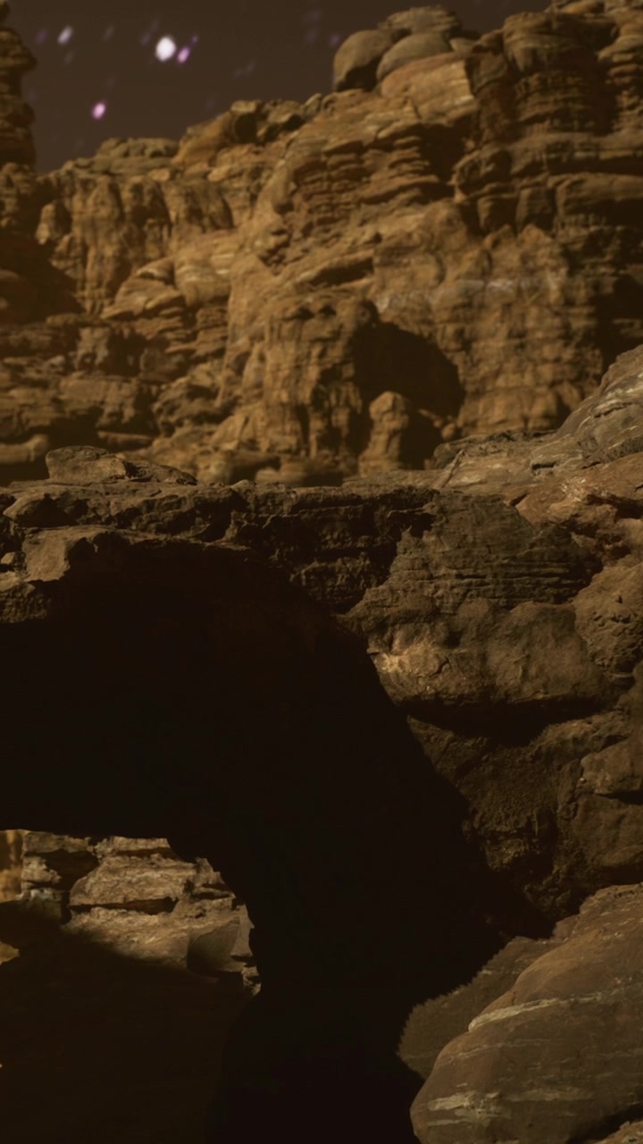 Formazioni rocciose su un pianeta lontano con un cielo notturno stellato