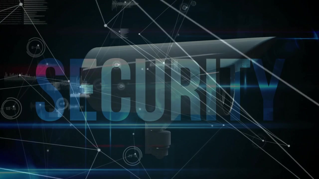 Initiating grid pulsing nodes, security camera rotating clockwise revealing glowing SECURITY text