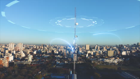 aerial orbit shot of 5g telecommunication towers cellular network antenna signal waves supply city with internet - digital glowing lines motion graphic during sunset and skyline in background