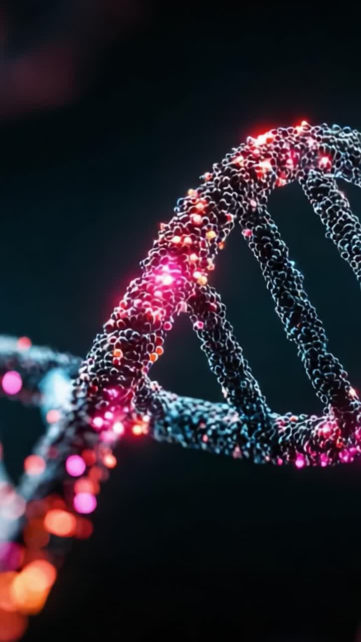 Splendido primo piano di un'elica del DNA colorata che mostra strutture molecolari complesse ed effetti di luce vivaci, che rappresentano l'essenza della vita e della scienza genetica