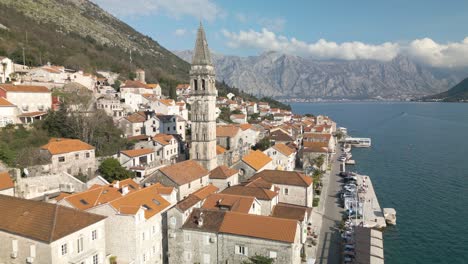 beautiful drone shot above perast, montenegro