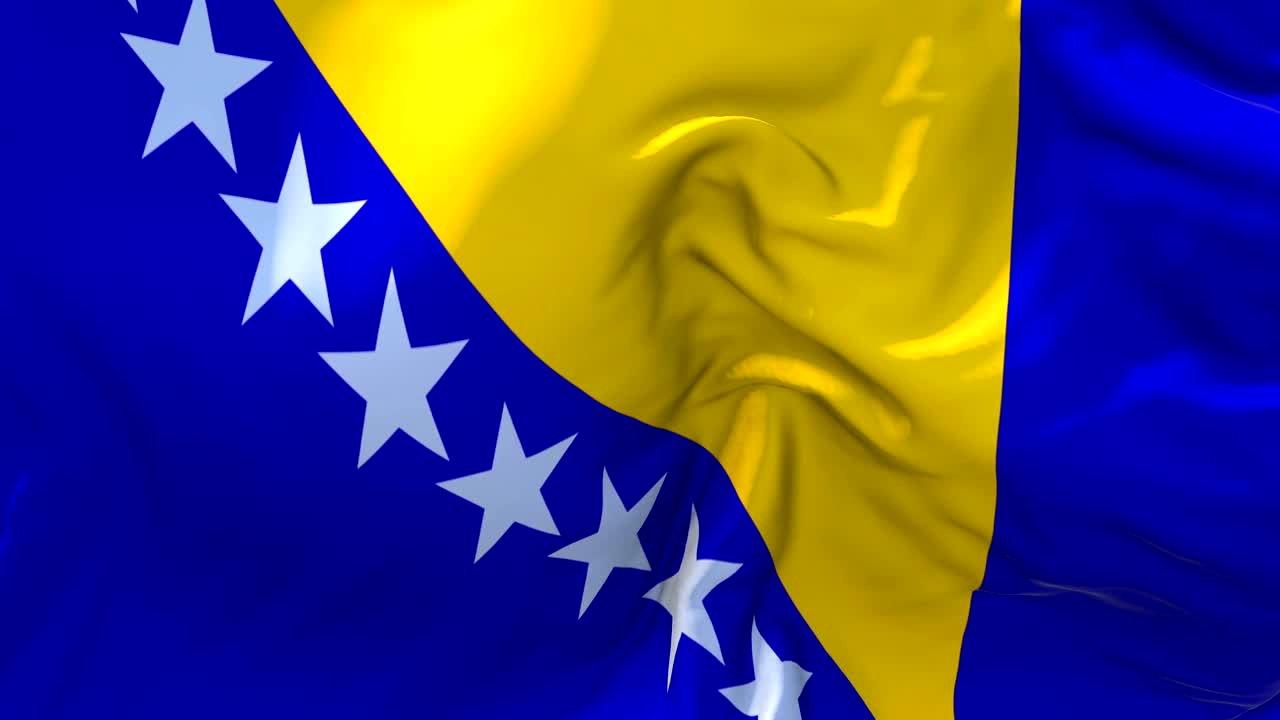 bandera de bosnia y herzegovina ondeando en el viento animación en cámara lenta. 4k textura de tela realista bandera soplando suavemente en un día de viento fondo de bucle continuo sin costuras.