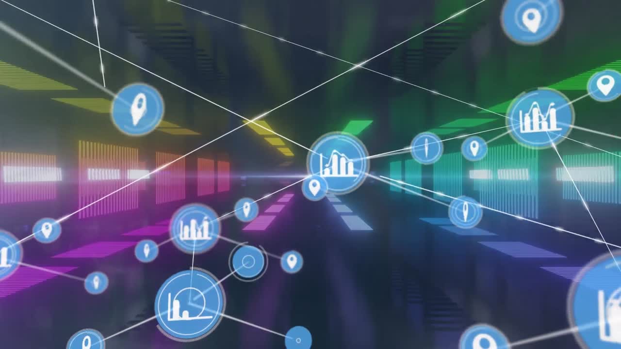 무 패턴으로 다채로운 네온 터널에 대한 디지털 아이콘 네트워크의 애니메이션