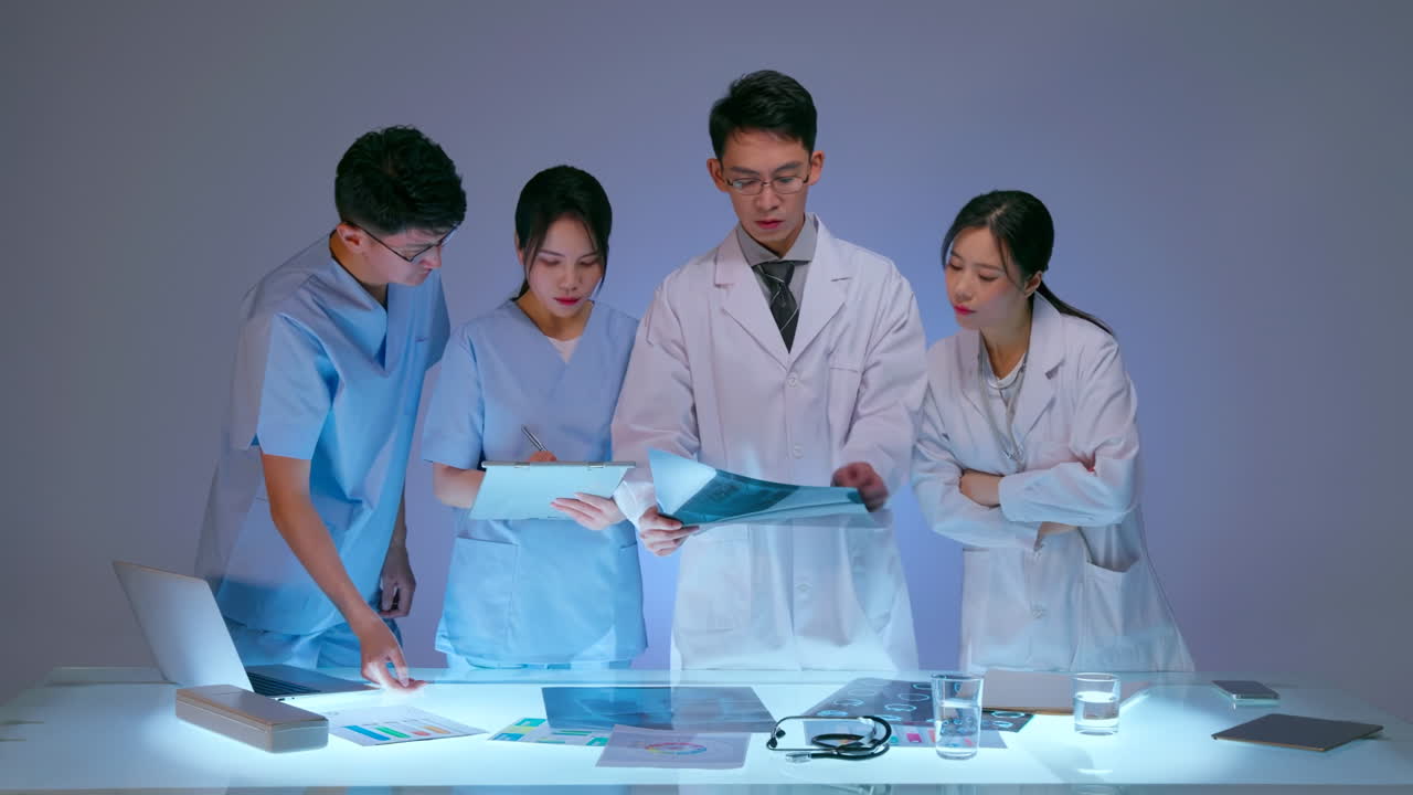 Professional expert doctor holding clipboard explaining diagnosis of patient in front of medicine experts during seminar. Clinic therapist talking with colleagues about disease, medicine healthcare