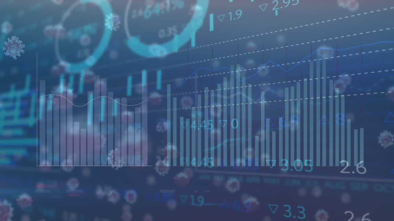 animación de procesamiento de datos estadísticos y células de covid-19 flotando contra un fondo azul.