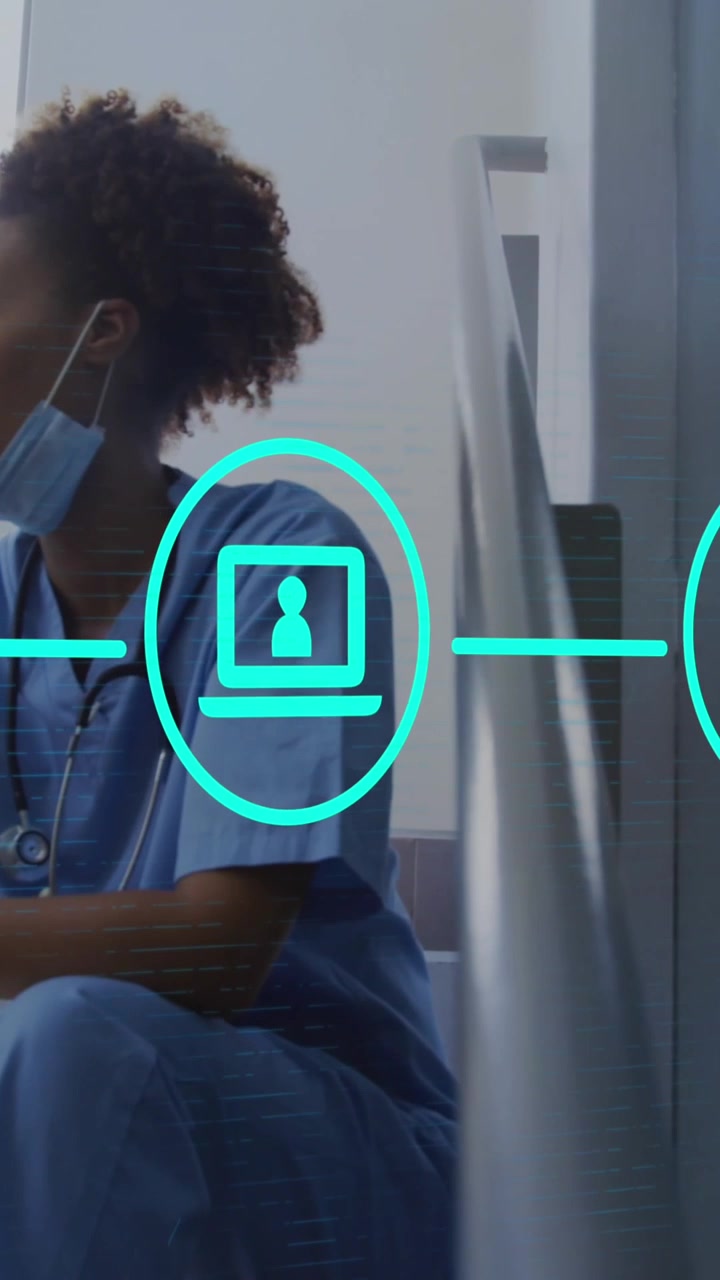 Animation of media icons over african american female doctor using smartphone