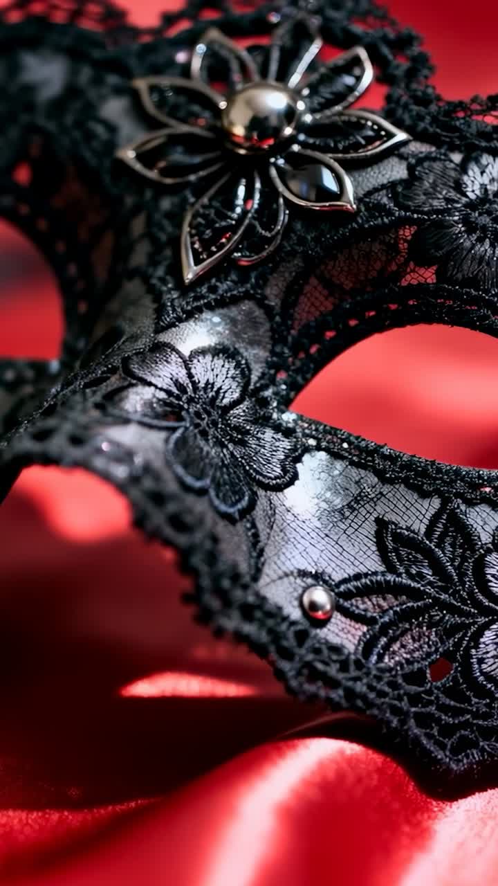 Vídeo vertical: câmera em movimento revelando máscara de renda sobre cetim vermelho, flor de metal e glitter para dar detalhes
