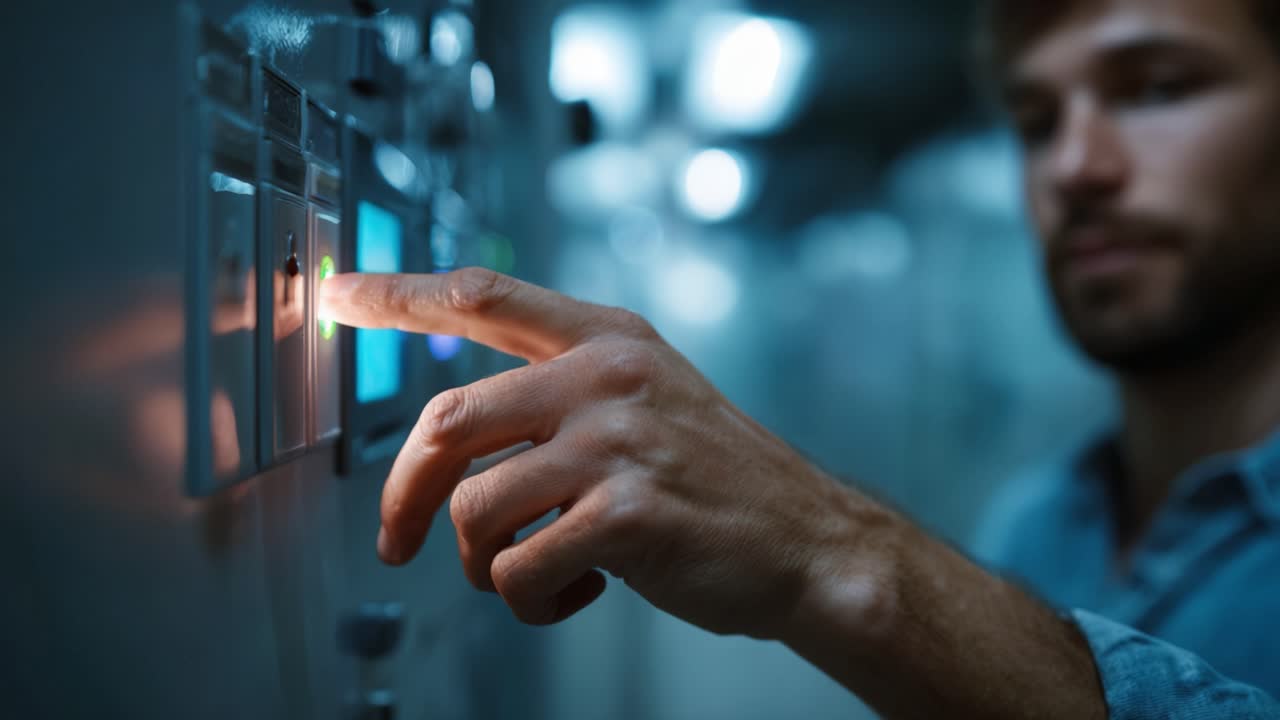 Foco em Controles Elétricos: Uma pessoa interage com um painel de controle e ajusta as configurações em um ambiente com pouca luz para garantir o funcionamento ideal.