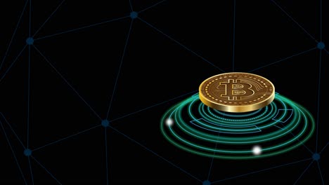 bitcoin swivelling or rotating in a loop on the right of the screen on a black background and a tech grid with space for text on the left