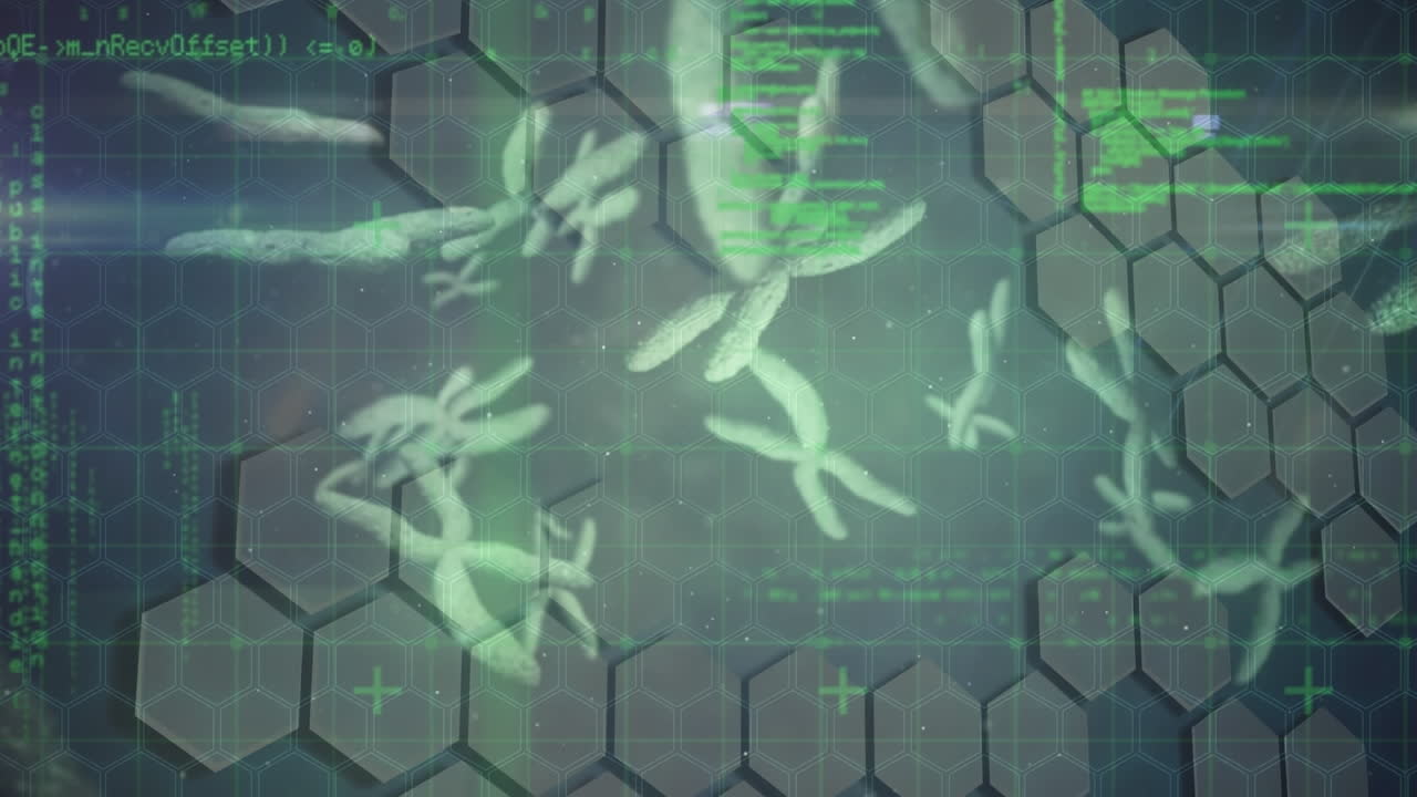 파란색 배경에 대한 혈관과 육각형 모양의 데이터 처리 애니메이션