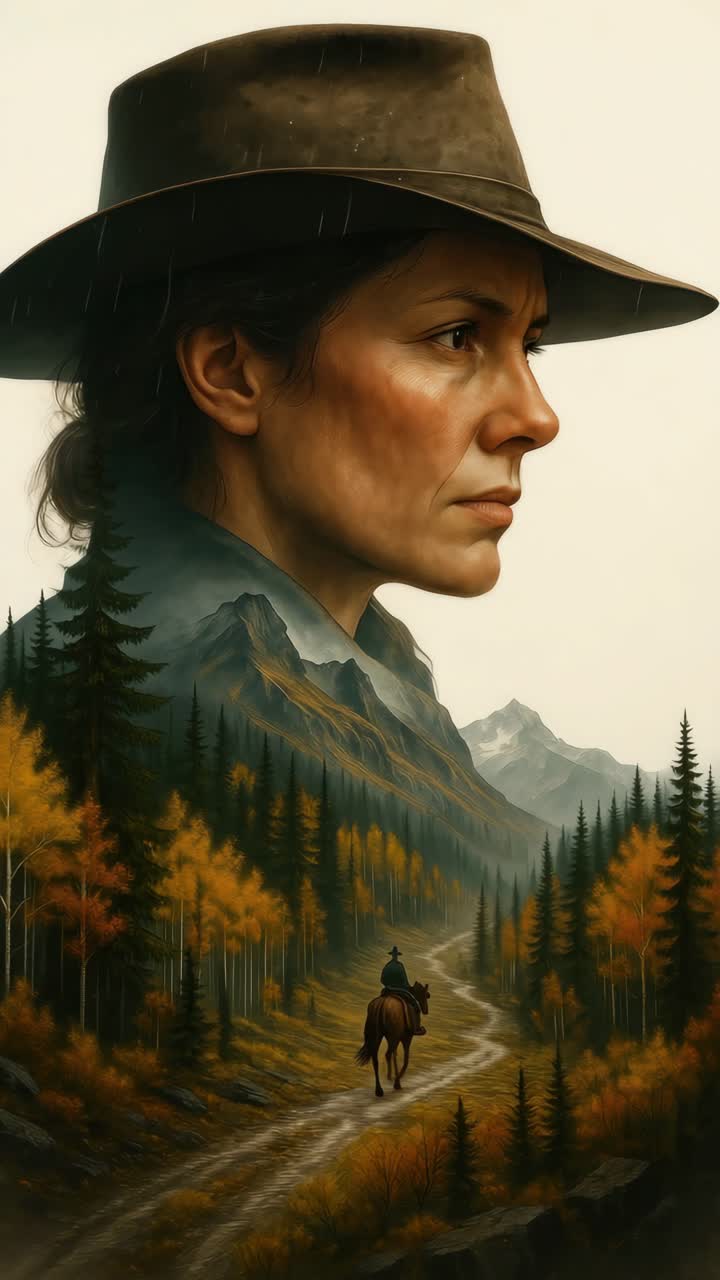 Portrait of a woman in a hat, blended with a scenic mountain landscape