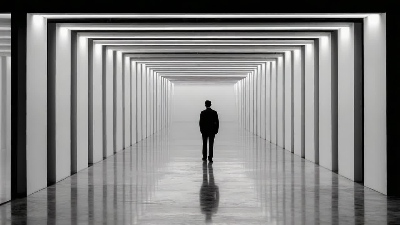 A solitary figure stands at the end of a minimalist corridor, surrounded by stark white walls and a grid of light, creating a contrast of presence and emptiness