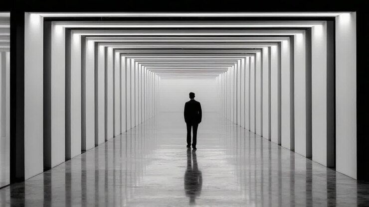 A solitary figure stands at the end of a minimalist corridor, surrounded by stark white walls and a grid of light, creating a contrast of presence and emptiness