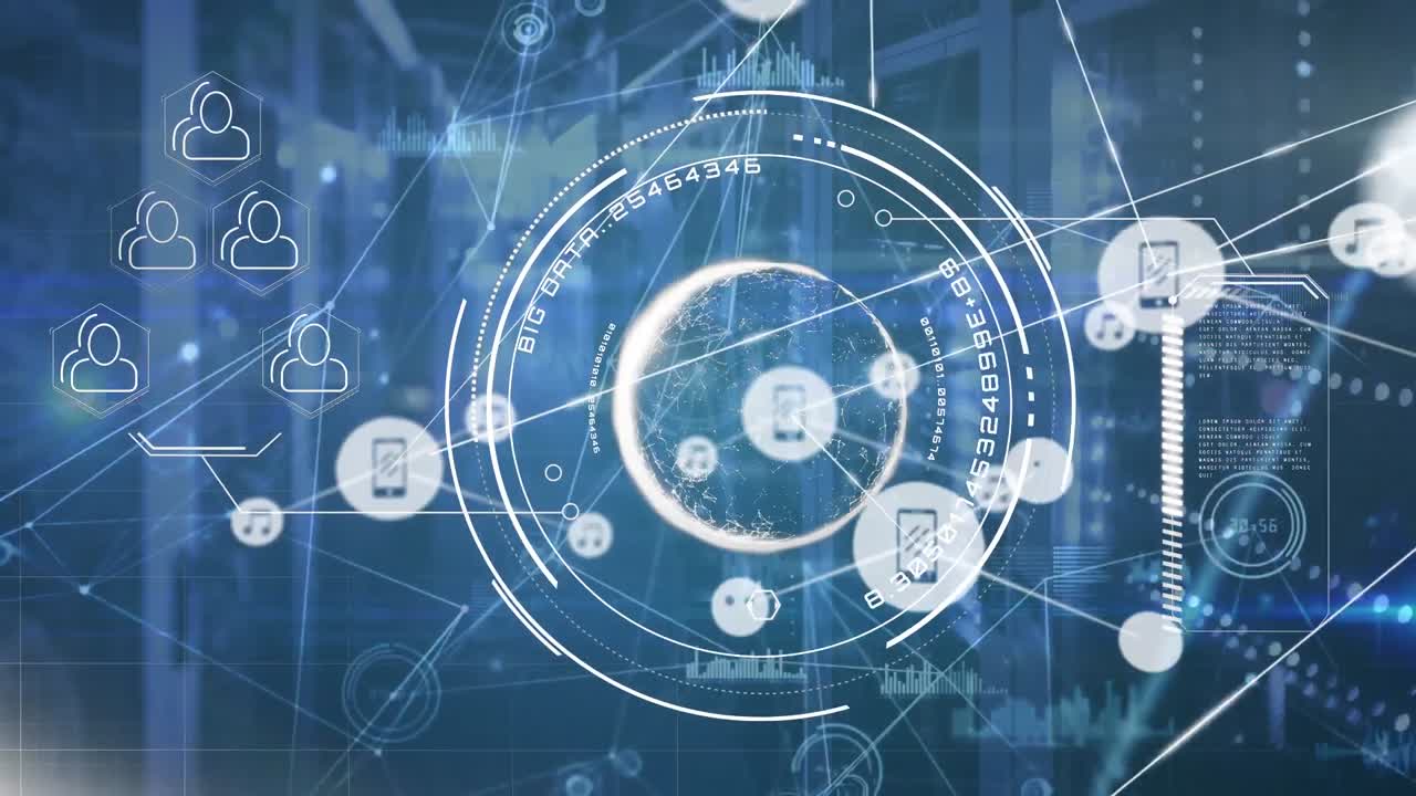 아이콘과 데이터 처리와 서버  ⁇ 을 통한 연결 네트워크의 애니메이션