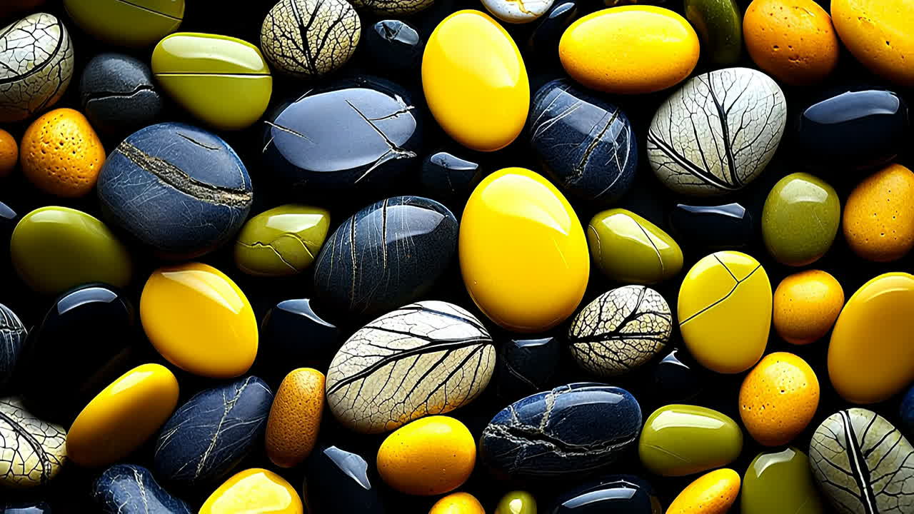 Colorful stones on a black surface. Various stones in different colors and sizes are laid out on a black surface. Some stones have patterns or textures