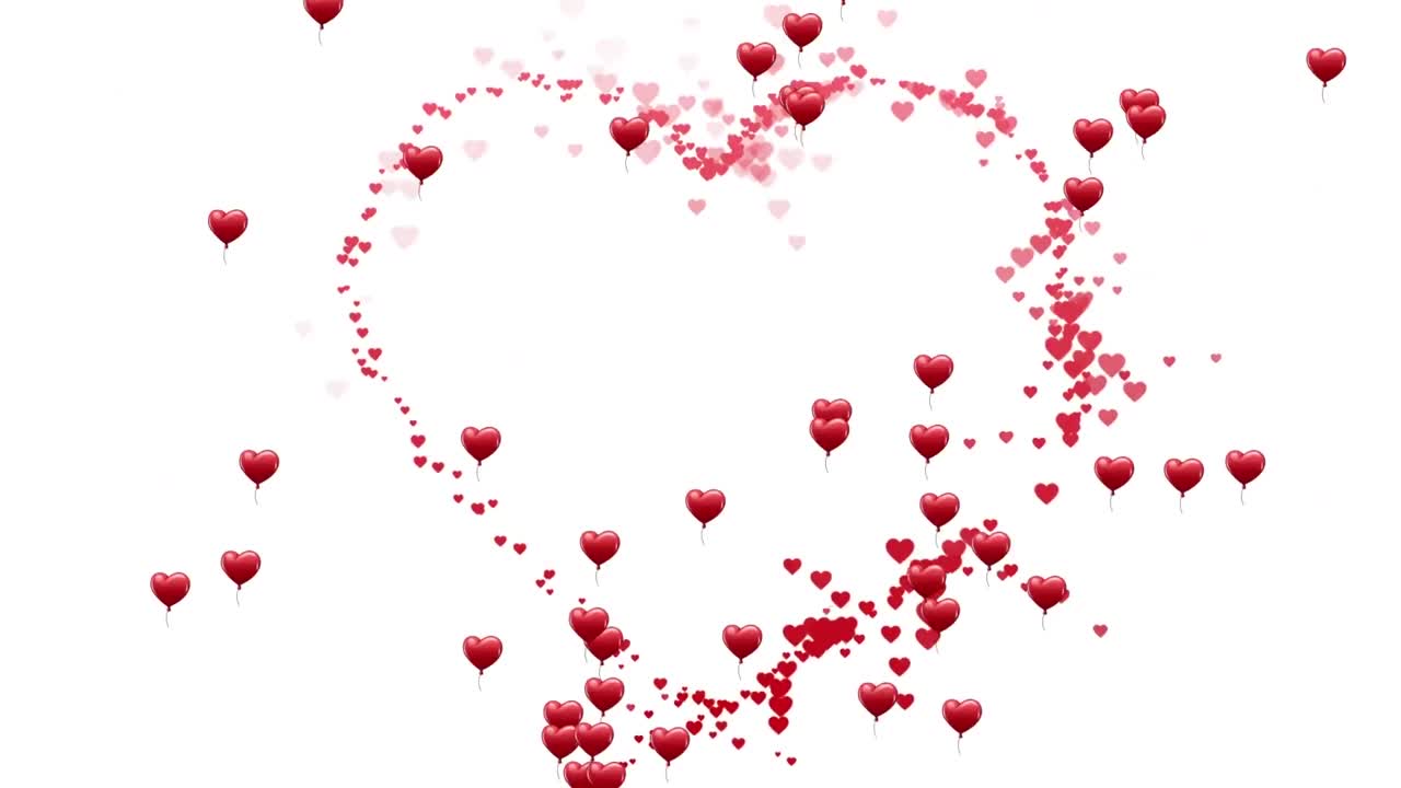 ⁇ 색 바탕에 떠다니는 빨간색 심장 아이콘의 애니메이션