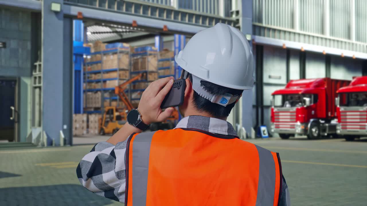 Close Up Back View Of Asian Male Engineer With Safety Helmet Talking On Smartphone While Standing , Outside of Logistics Distributions Warehouse
