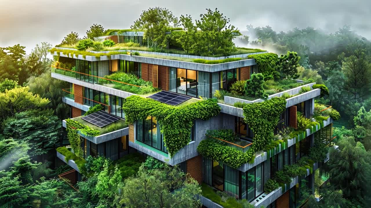Modern Eco-Friendly Building Integrated into a Lush Forest Landscape with Green Roofs and Solar Panels