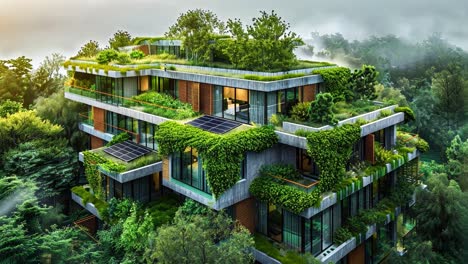 modern eco-friendly building integrated into a lush forest landscape with green roofs and solar panels