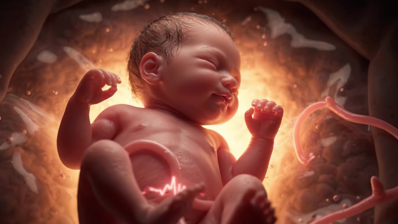 Un momento drammatico di nuova vita: una rappresentazione artistica di un bambino nell'utero circondato da luce calda e segni vitali, catturando l'essenza della nascita e della creazione.