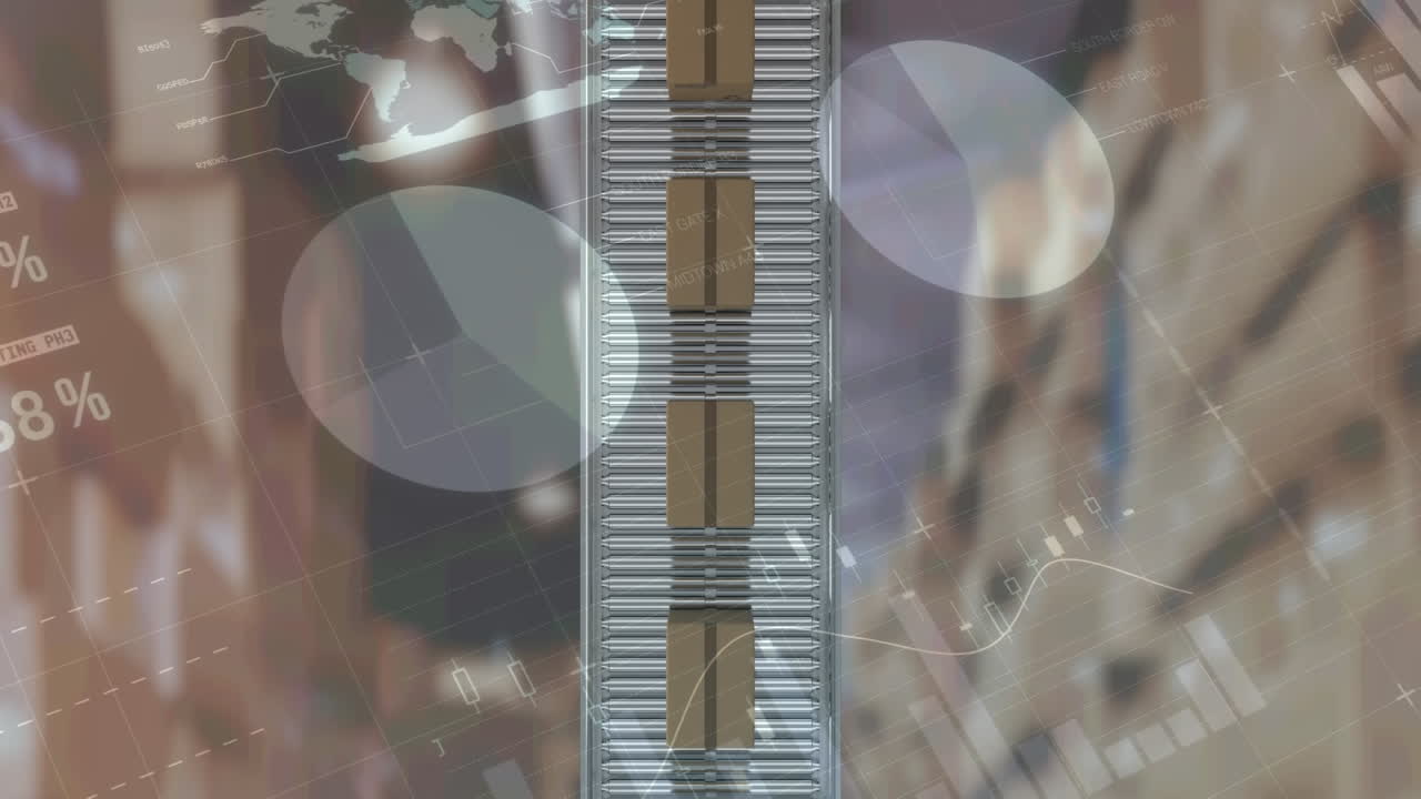 animación de estadísticas y procesamiento de datos sobre cajas de cartón en cinta transportadora