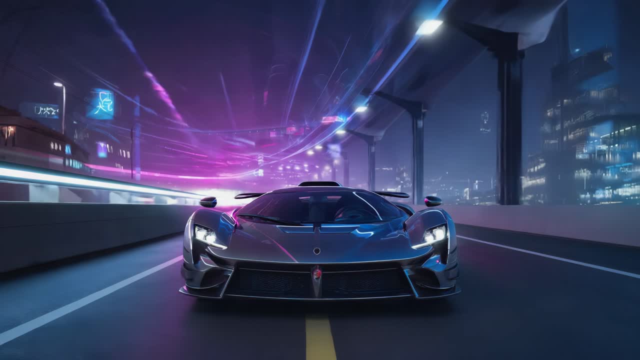 Futuristic Sports Car on a Neon-Lit City Road at Night