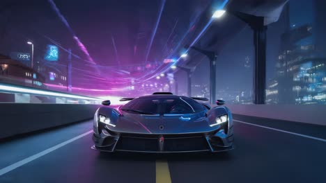 futuristic sports car on a neon-lit city road at night
