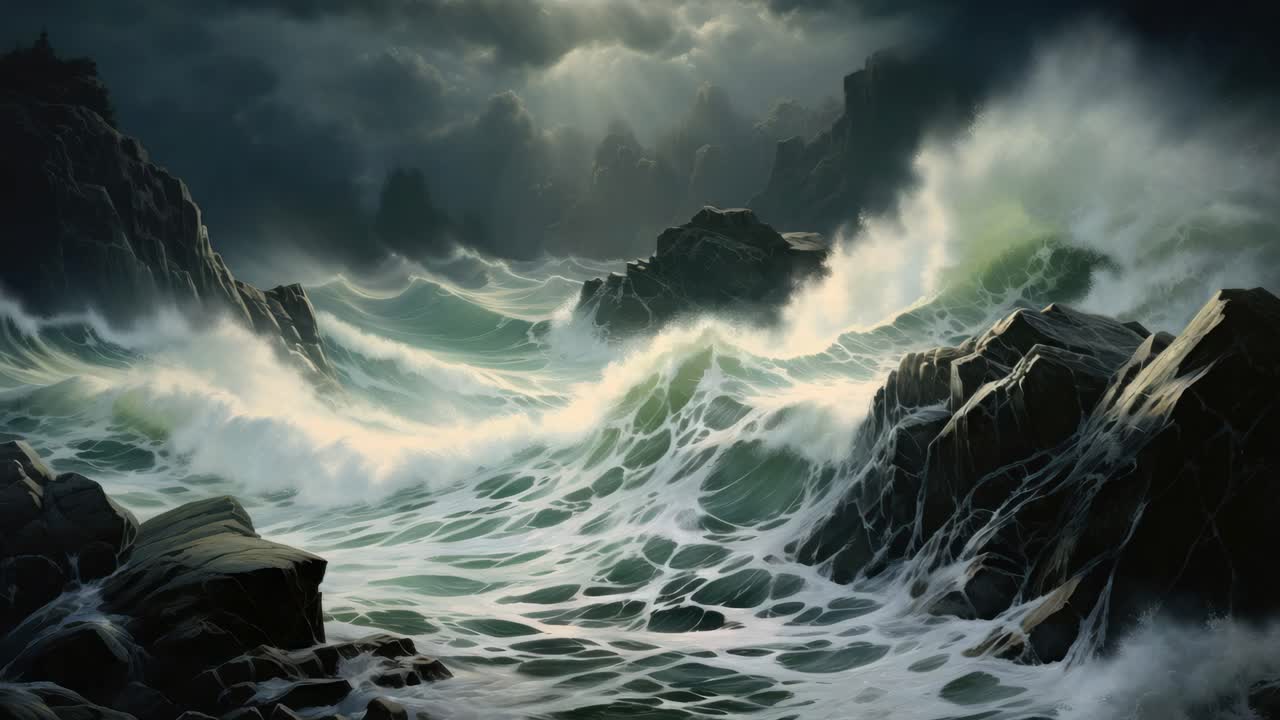 Dramatic video concept of stormy seas with crashing waves. Captured from a low angle