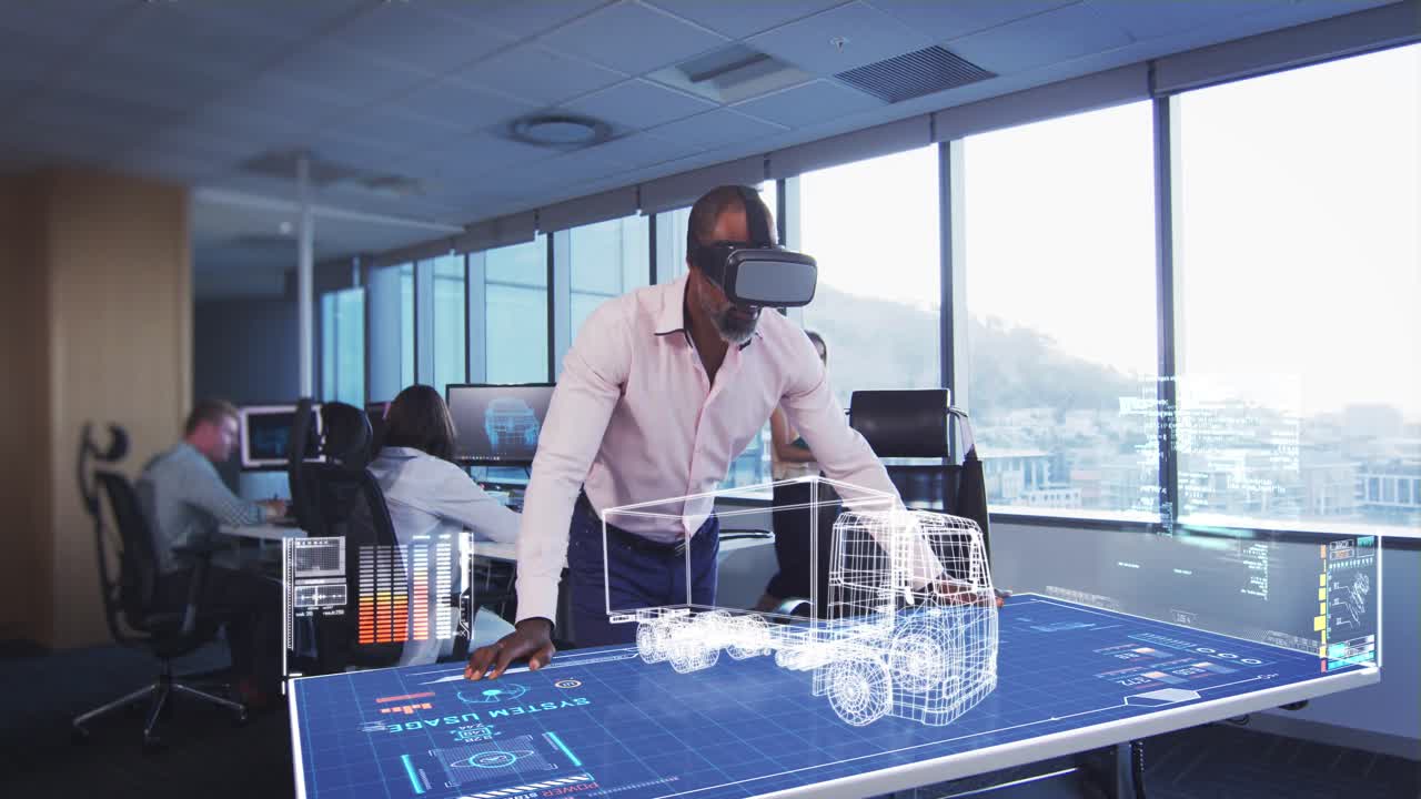 Animation of a businessman wearing a VR headset with a 3d plan on a table