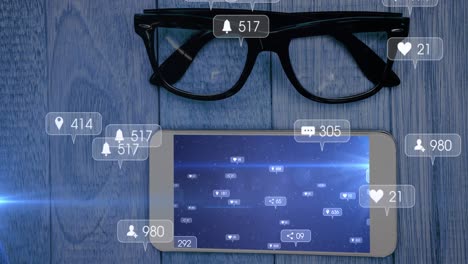 animation of social media icons and numbers over smartphone and glasses