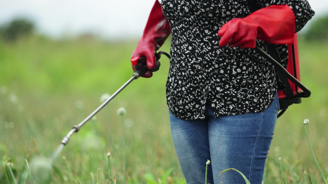 agricultora africana rociando cultivos con herbicida usando un rociador de mochila