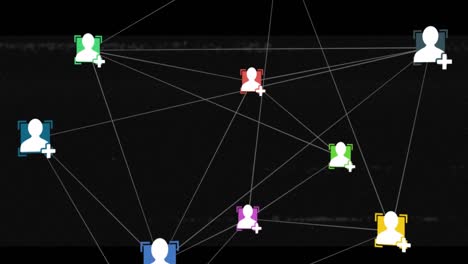 Animation-of-glitch-effect-over-network-of-profile-icons-against-black-background