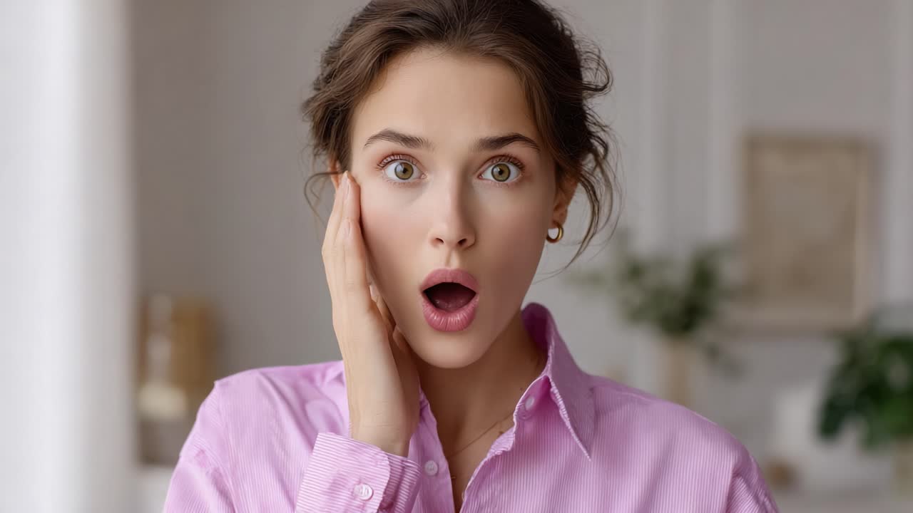 Young Woman in Pink Shirt Displays a Range of Emotions from Surprise to Curiosity, Captured in Two Frames, Highlighting Reactions in Different Settings