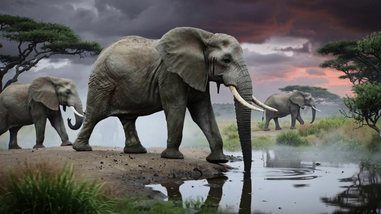 Advancing large adult elephant lowering trunk into watering hole at dusk, seeking water to drink