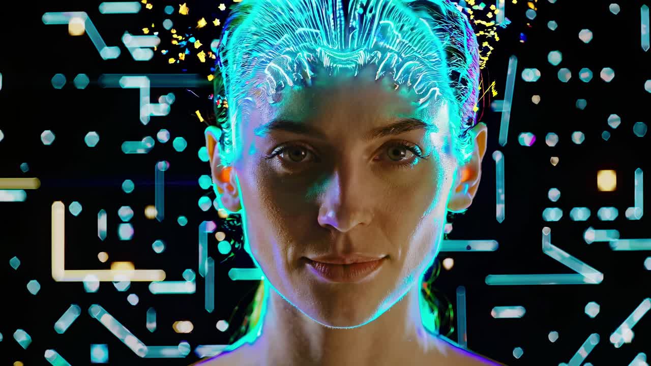 Futuristic brain scan interface analyzing a woman's neural activity, visualizing data flow and cognitive processes within a technological backdrop