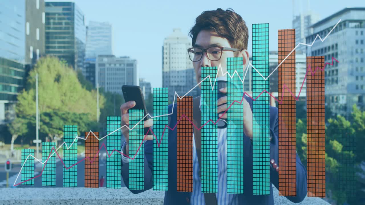 Businessman sipping coffee while tapping phone and analyzing animating finance bars trending upward