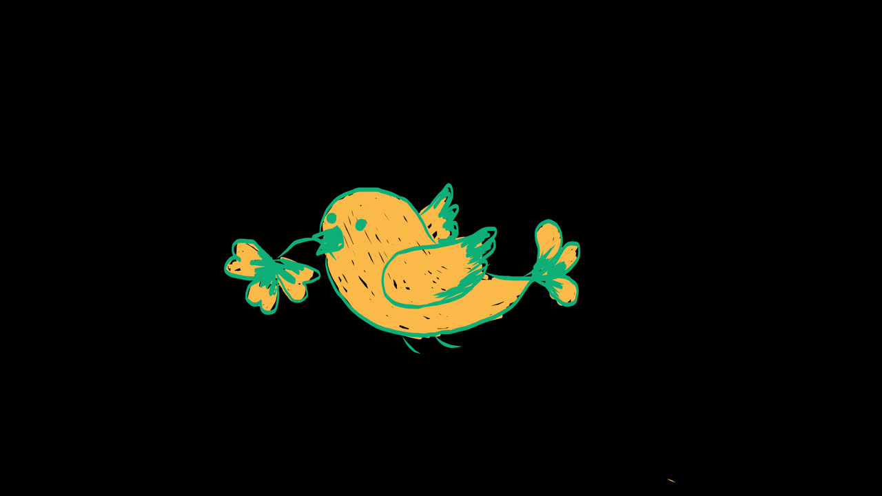 Animated Doodle Bird Holding a Clover on Black Background