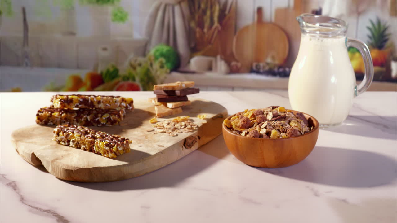 Camera slowly pulls back, revealing granola bars, chocolate pieces, cereal bowl, and milk jug on a wooden countertop in a sunlit rustic kitchen with fresh produce blurred in the background.