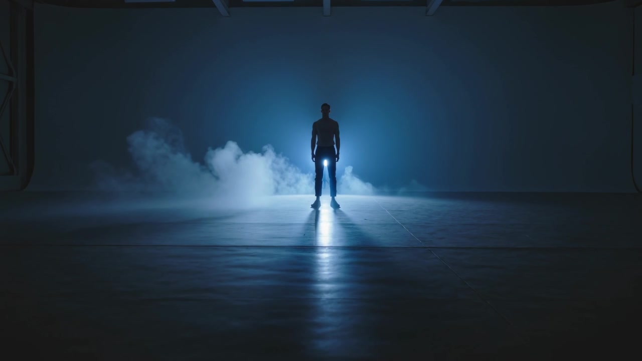 Standing man wearing dark outfit in hangar, blue light glowing, fog spreading, floor glow for promo