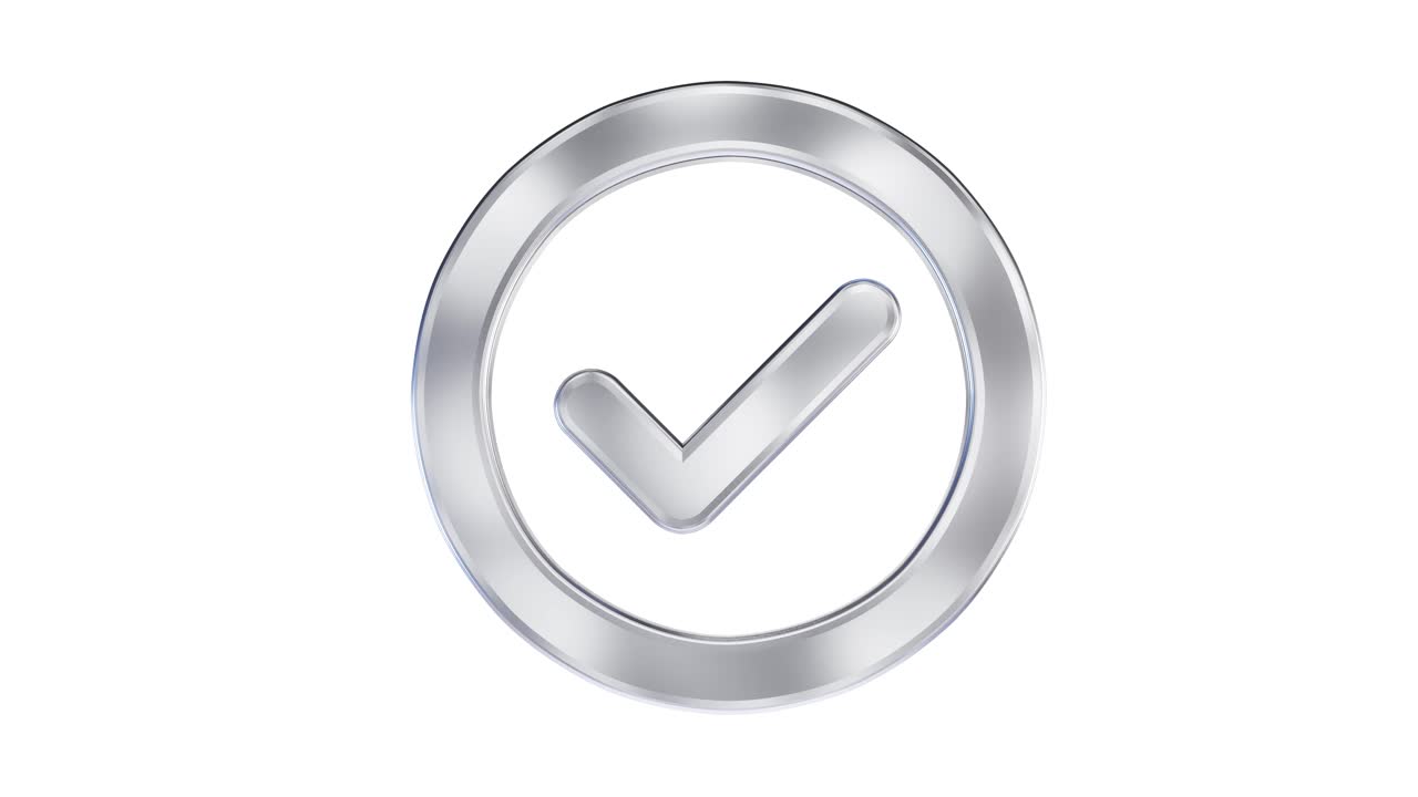 Rotating Metallic Checkmark Icon in a Circle on White Background