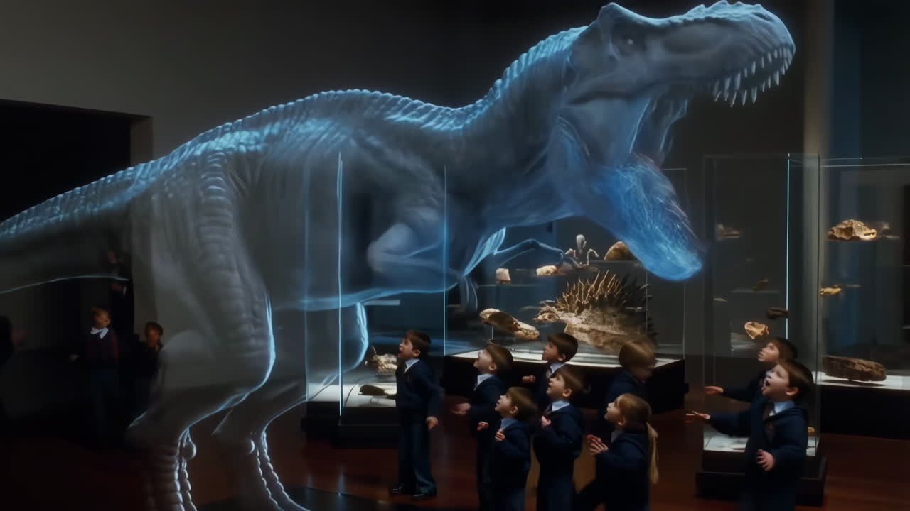Children observing a holographic dinosaur exhibit in a museum