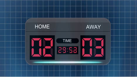 animation of home, away text with changing numbers in alarm clock over grid pattern