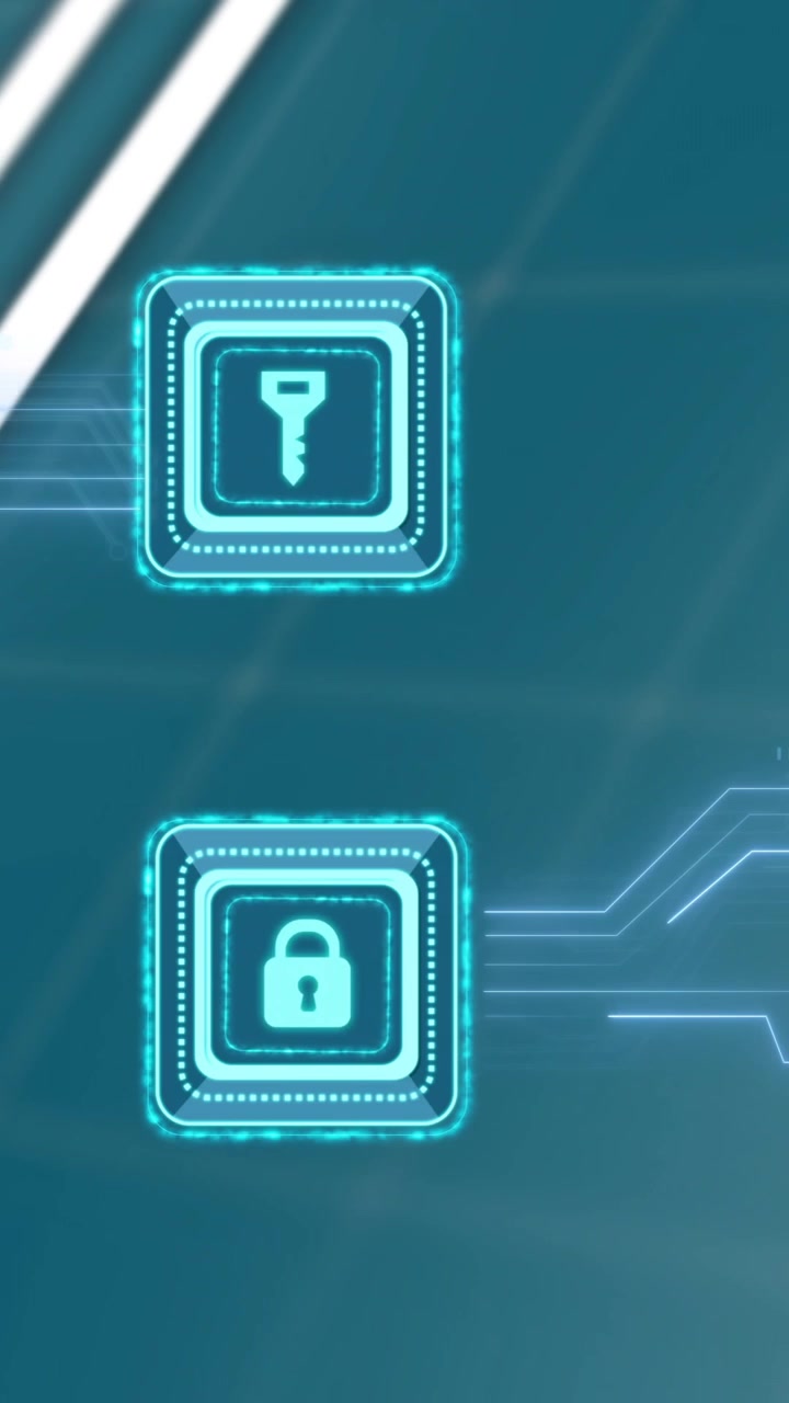Animation of key and padlock icon over data processing and globe