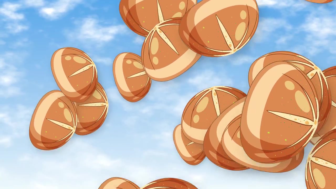 Pães crocantes em estilo desenho animado caem e saltam em um céu azul brilhante com nuvens